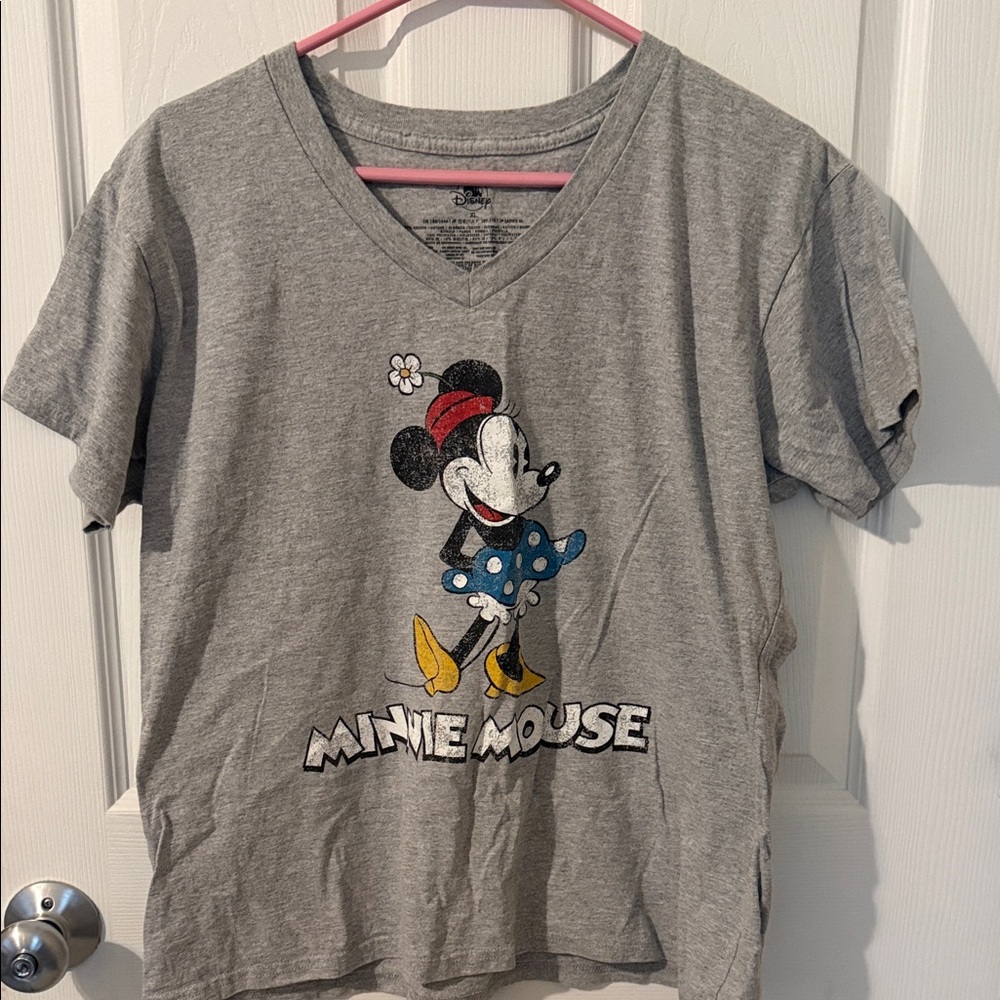 Disney Minnie Mouse Gray Short-Sleeve V-Neck Tee with Colorful Graphic